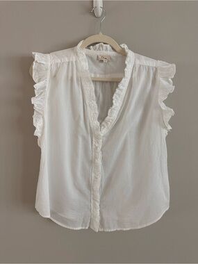 Elan White 100% Cotton Relaxed Button Front Blouse Ruffles Size Small